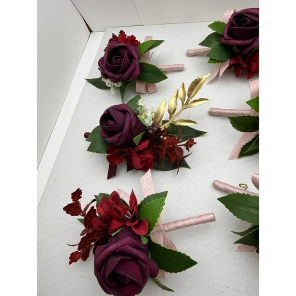 6pc Burgundy Plum‎ Rose Boutonniere Set Wedding Groomsmen Gold Leaf Silk Flowers